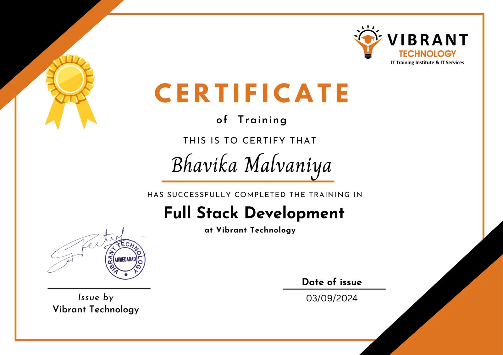 Vibrant Technology Certificate of Training
